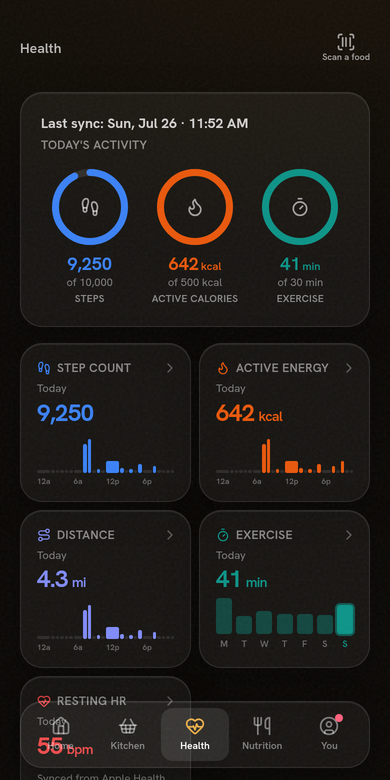 Health tab in dark mode: activity rings, step count, active energy, a distance card with a chart, exercise minutes, and resting heart rate