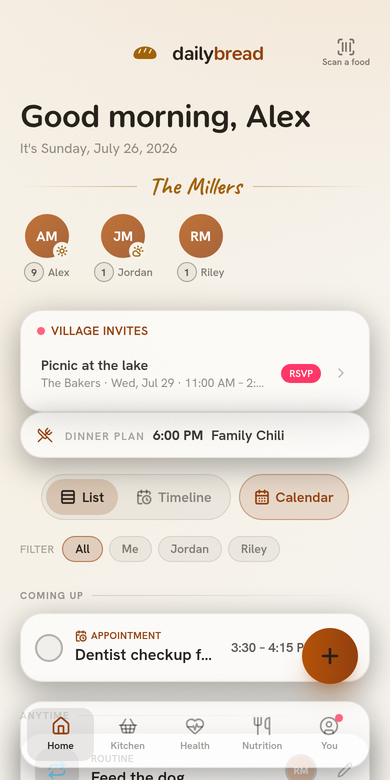 dailybread home board in light mode: a good-morning greeting, family avatars with breadcrumb counts, a village invite card for a picnic at the lake, tonight's dinner, and a tasks list