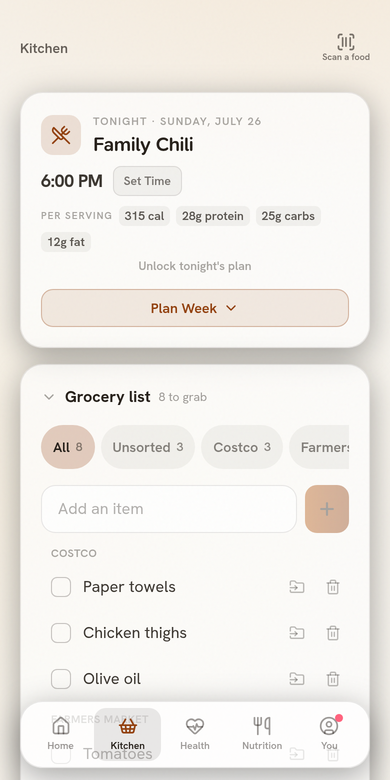 Kitchen tab in light mode: tonight's Family Chili dinner card with per-serving macros and a Plan Week button, above a grocery list grouped by store