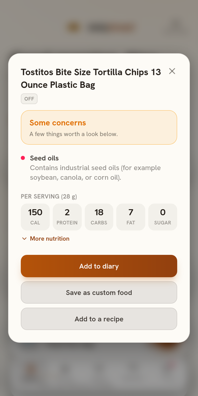 Scan result: a packaged food's label checked, with a verdict banner and flagged ingredients
