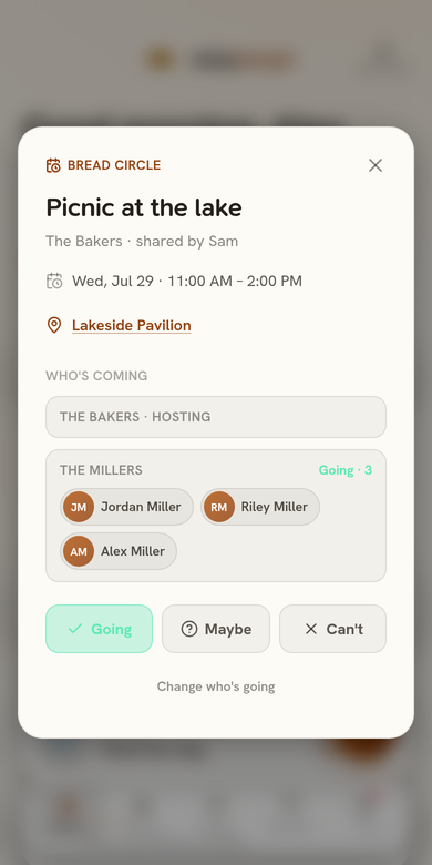 Shared village event modal in light mode: a Picnic at the lake event from the Bread Circle village, shared by Sam of The Bakers, with a who's-coming list and Going, Maybe, and Can't RSVP buttons