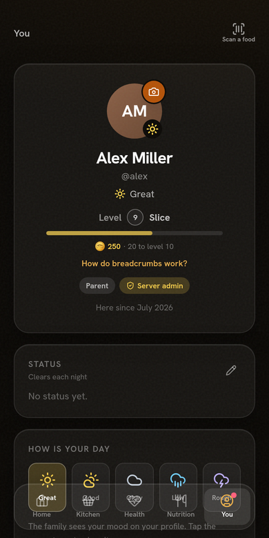 You tab in dark mode: profile with mood, status, and breadcrumb level progress
