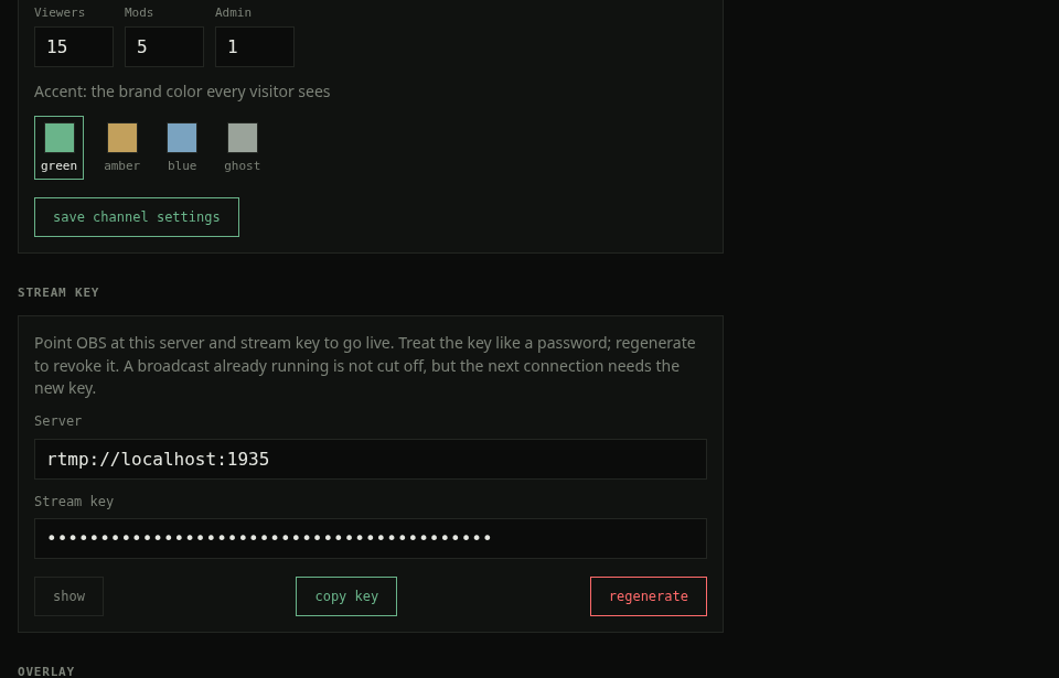 upperroom admin dashboard: channel settings with selectable accent colors and the OBS stream key panel