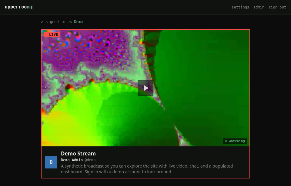 upperroom home page: a live stream card above a library of past broadcasts