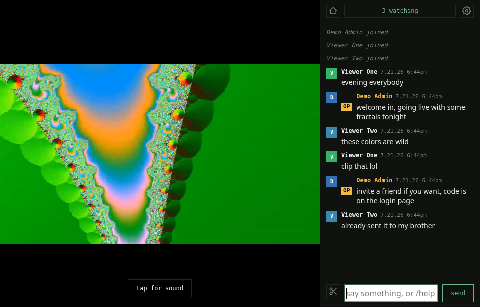upperroom watch page: live video beside live chat with role badges on chatters